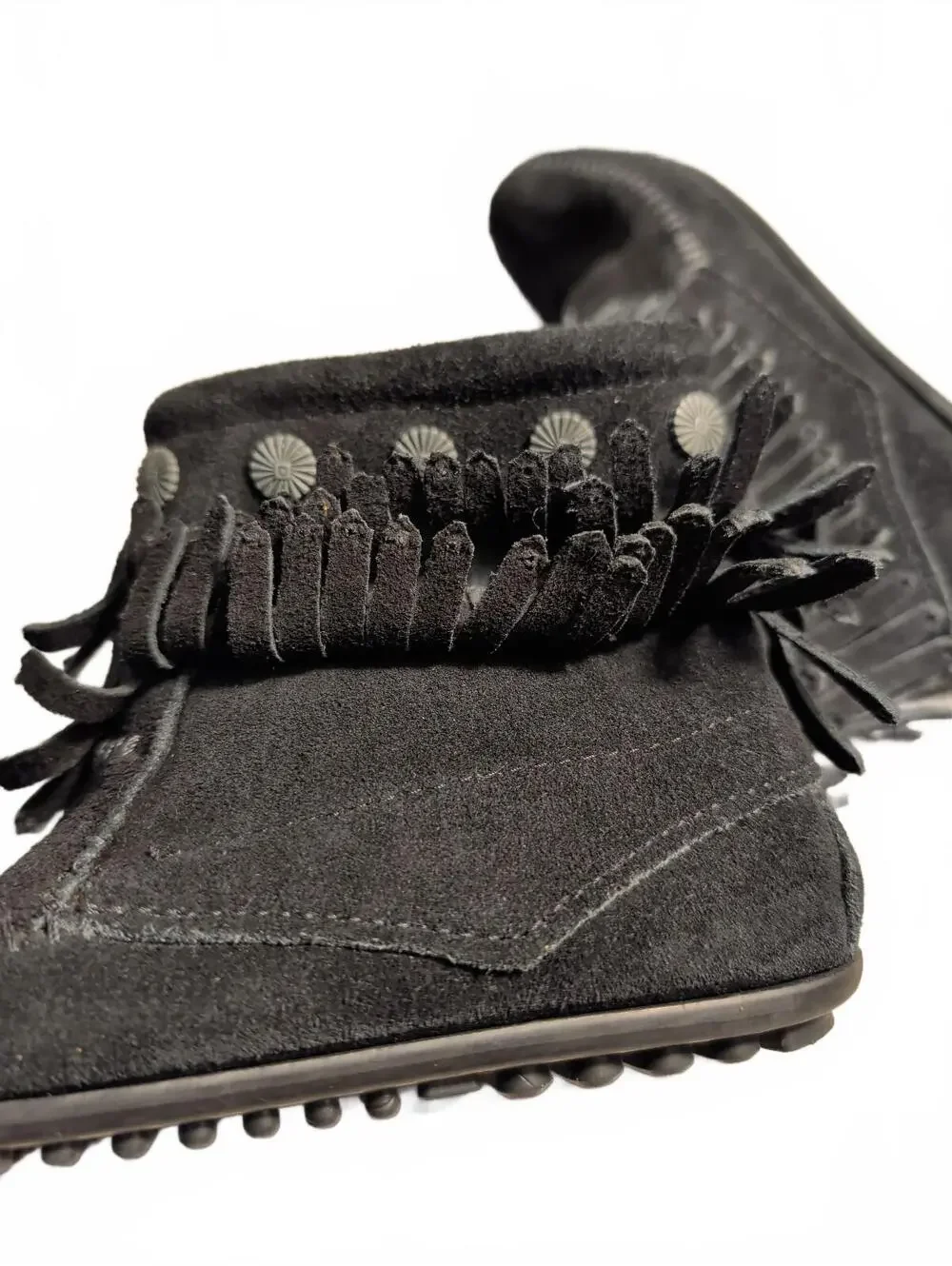 Minnetonka Black Suede Moccasin Fringe Ankle Boots Womens Size 6 Boho Earthy